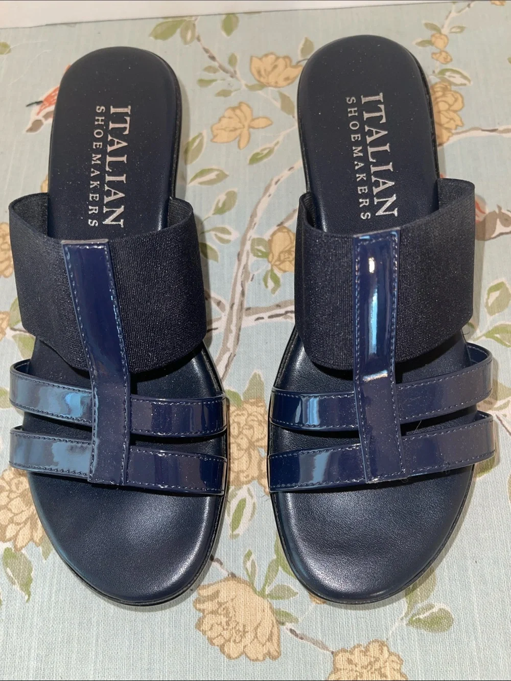 NWOT Italian Shoemakers Navy Patent & Matte High Heeled Slip-on Sandals